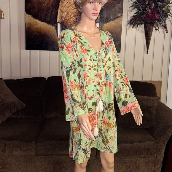 Caribbean Joe ~ Large ~ Green W/ Gold & Red Floral Tunic Swim Coverup Dress - Picture 10 of 15